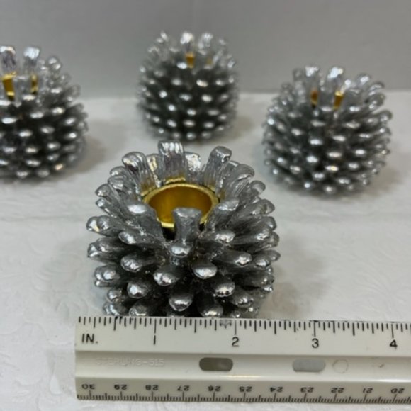 4 Silvertone Metallic Pine Cone Candle Holders Holiday Christmas Decoration - Picture 4 of 6